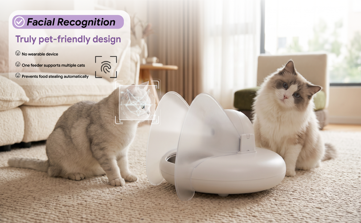 PapaPaw DietMatch smart cat feeder with AI facial recognition tech scanning a cat’s face. Showing a collar-free, pet-friendly design with privacy wings that stops food stealing automatically in a multi-cat home.